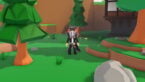 Roblox Immortality Incremental Avatar Wearing Silver Helmet Black Clothes Two Giant Swords On Back Standing Between Two Trees Near A Rock