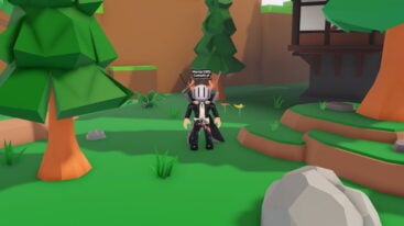 Roblox Immortality Incremental Avatar Wearing Silver Helmet Black Clothes Two Giant Swords On Back Standing Between Two Trees Near A Rock