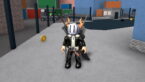Roblox Krakeurzzs Killer Avatar Wearing Silver Helmet Black Clothes Two Giant Swords On Back Standing Near Chainlink Fence And Golden Coin
