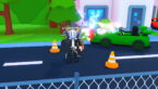 Roblox Launch A Wheel Avatar Wearing Silver Helmet Black Clothes Two Giant Swords On Back Holding A Black Wheel Standing Near Green Car That Hit A Fire Hydrant
