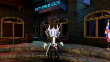 Roblox Mafia Avatar Wearing Silver Helmet Black Clothes Two Giant Swords On Back Standing Near Stone Steps Below Lilyssweet Oven Shop Near Chairs Tables And A Union Jack Flag