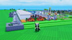 Roblox Mini War Avatar Wearing Silver Helmet Black Clothes Two Giant Swords On Back Standing In Front Of A Growing City With Windmills Walls And More