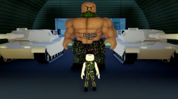 Roblox Muscle Military Small Guy In Military Clothing Standing Before Giant Muscle Guy Near Tanks