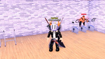 Roblox My Gym Avatar Wearing Silver Helmet Black Clothes Two Giant Swords On Back Standing In Gym Near Dip And Bike Machines
