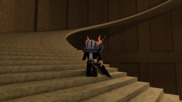 Roblox Re Aura Avatar Wearing Silver Helmet Black Clothes Two Giant Swords On Back Standing On Dark Marble Stairs Leading Up In A Spiral