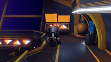 Roblox Reminiscence Zombies Avatar Wearing Silver Helmet Black Clothes Two Giant Swords On Back Standing On Advanced Spaceship With Yellow Monitors Behind