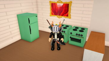 Roblox Run A Restaurant Avatar Wearing Silver Helmet Black Clothes Two Giant Swords On Back Standing Near Two Green Ovens Green Fridge And A Fancy Red Painting Above