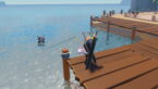 Roblox Scale Slimy Fish Avatar Wearing Silver Helmet Black Clothes Two Giant Swords On Back Standing On Pier Fishing Into Ocean Near A White Unicorn Floater