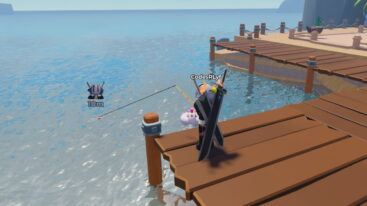 Roblox Scale Slimy Fish Avatar Wearing Silver Helmet Black Clothes Two Giant Swords On Back Standing On Pier Fishing Into Ocean Near A White Unicorn Floater