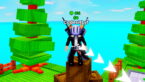 Roblox Split Or Steal Brainrot Avatar Wearing Silver Helmet Black Clothes Two Giant Swords On Back Standing On Top Of Wooden Crates Near Trees With White Arrow Coming From Torso