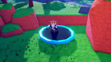 Roblox Stay For Fortune Avatar Wearing Silver Helmet Black Clothes Two Giant Swords On Back Bounding On A Blue Trampoline