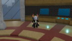 Roblox Survive Homelander Avatar Wearing Silver Helmet Black Clothes Two Giant Swords On Back Standing In Room With Red Stripes On Floor Near Monitors