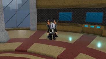 Roblox Survive Homelander Avatar Wearing Silver Helmet Black Clothes Two Giant Swords On Back Standing In Room With Red Stripes On Floor Near Monitors