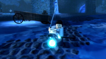 Roblox Vv Ultimatum Avatar With Black Hair In White Outfit Holding Sword In Two Hands With Snow Around Them Near A Floating Blue Spirit