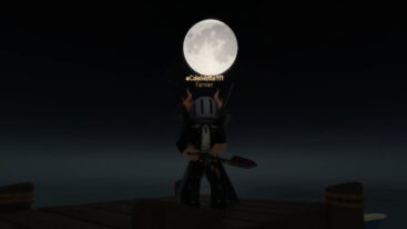 Roblox Where Seasons Pass Avatar Wearing Silver Helmet Black Clothes Two Giant Swords On Back Holding A Shovel With Two Hands While Standing On A Wooden Dock As A Giant Moon Appears In The Night Sky