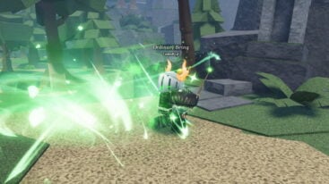 Roblox Wizard Alchemy Avatar Wearing Silver Helmet Black Clothes Holding A Wand A Summoning A Green Blade Causing Screen Waves To Appear On A Forest Path