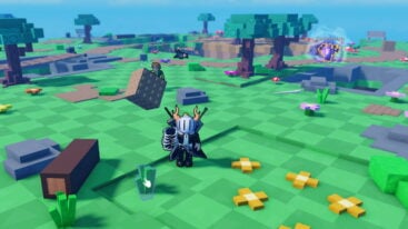Roblox Yeet Battles Avatar Wearing Silver Helmet Black Clothes Two Giant Swords On Back Wielding A Bone Arm On Right Hand As A Brick Is Being Fling At Them From Behind By Another Player