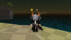Roblox Zombie Island Avatar Wearing Silver Helmet Black Clothes Two Giant Swords On Back Standing Near Ocean With A Small Island Off In The Distance