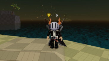 Roblox Zombie Island Avatar Wearing Silver Helmet Black Clothes Two Giant Swords On Back Standing Near Ocean With A Small Island Off In The Distance