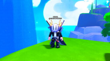 Roblox Anime Astral Simulator Avatar Wearing Silver Helmet Black Clothes Two Giant Swords On Back Standing On Grassy Cliff With Ocean Below