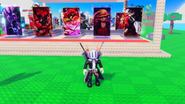 Roblox Anime Card Farm Avatar Wearing Silver Helmet Black Clothes Two Giant Swords On Back Standing Before Anime Cards Standing Tall
