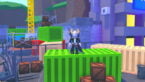 Roblox Anime Duelists Avatar Wearing Silver Helmet Black Clothes Two Giant Swords On Back Standing On Green Container With Construction Going On Behind Near Metal Fence