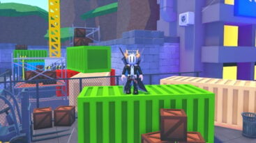 Roblox Anime Duelists Avatar Wearing Silver Helmet Black Clothes Two Giant Swords On Back Standing On Green Container With Construction Going On Behind Near Metal Fence