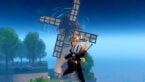 Roblox Anime Fishing Odyssey Avatar Wearing Silver Helmet Black Clothes Two Giant Swords On Back Jumping In Mid Air As A Windmill Spins Behind
