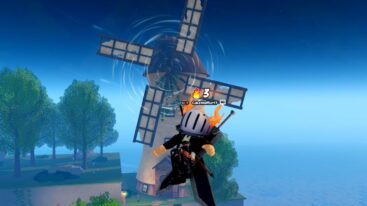 Roblox Anime Fishing Odyssey Avatar Wearing Silver Helmet Black Clothes Two Giant Swords On Back Jumping In Mid Air As A Windmill Spins Behind