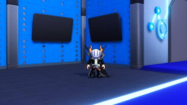 Roblox Bl R Recreation Avatar Wearing Silver Helmet Black Clothes Two Giant Swords On Back Standing In Metal Blue Room
