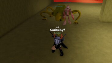 Roblox Backrooms Simulator Avatar Wearing Silver Helmet Black Clothes Two Giant Swords On Back With A Yellow Monster And A Skin Walker Behind