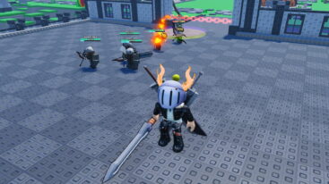 Roblox Be The Final Boss Avatar Wearing Silver Helmet Black Clothes Two Giant Swords On Back Holding A Giant Sword In Right Hand As Minion Attack Other Minions