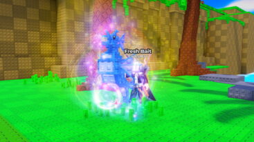 Roblox Be A Fish Bait Avatar Wearing Silver Helmet Black Clothes Two Giant Swords On Back Holding A Giant Blue Seahorse In Right Hand