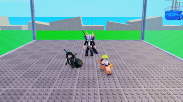 Roblox Become An Anime Billionaire Avatar Wearing Silver Helmet Black Clothes Two Giant Swords On Back Standing On Gray Arena With Black Wearing Clothes Avatar And Orange Wearing Clothes Avatar