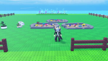 Roblox Build Your Butterfly Garden Avatar Wearing Silver Helmet Black Clothes Two Giant Swords On Back Standing Near Butterfly Farms And A Wooden Fence