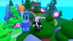 Roblox Button Eternal 2 Avatar Wearing Silver Helmet Black Clothes Two Giant Swords On Back Standing On Grassy Hill With Trees Behind