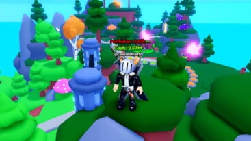 Roblox Button Eternal 2 Avatar Wearing Silver Helmet Black Clothes Two Giant Swords On Back Standing On Grassy Hill With Trees Behind