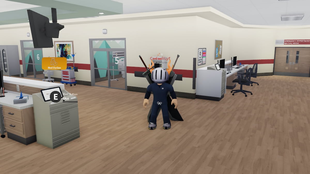 Charisma Hospital Codes Medical Simulator July 2026 Try Hard Guides Roblox Charisma Hospital Avatar Wearing Helmet With Two Swords On Back Wearing Blue Medical Scrubs In Hospital Ward 