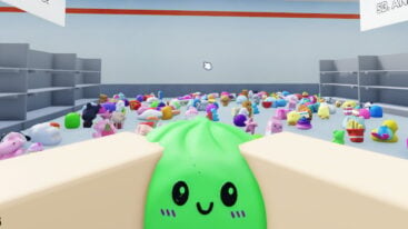 Roblox Clean The Squishies Two Blocky Hands Holding A Green Dumpling Squishy As Tons Of Other Squishies Litter The Floor