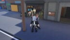 Roblox Compshop Avatar Wearing Silver Helmet Black Clothes Two Giant Swords On Back Standing Near Wooden Pole As Customers Use Computers Inside Shop