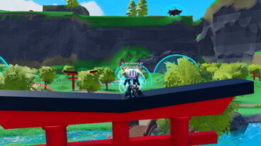 Roblox Cultivation Dao Online Avatar Wearing Silver Helmet Black Clothes Two Giant Swords On Back Standing On Top Of A Red Torii Gate With Trees Behind