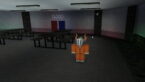Roblox Death Order Simon Says An Avatar Wearing A Silver Helmet Wearing Orange Inmate Outfit Standing Near Tables And Blue Red Doors