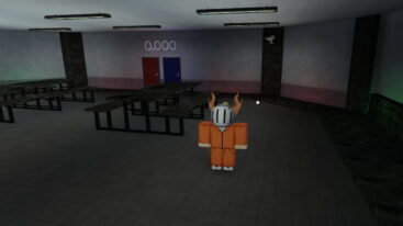 Roblox Death Order Simon Says An Avatar Wearing A Silver Helmet Wearing Orange Inmate Outfit Standing Near Tables And Blue Red Doors