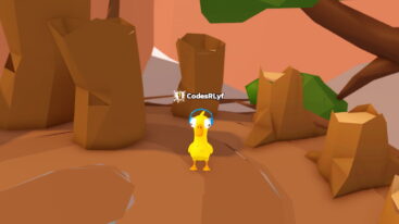 Roblox Duck Duck Yellow Small Duckling Wearing Blue Over Headphones Standing Near Tree Stumps