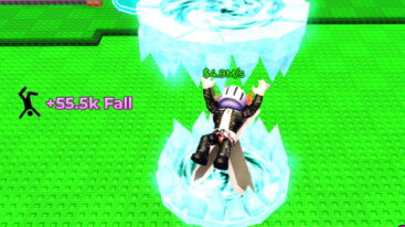 Roblox Fall For Brainrots Avatar Wearing Silver Helmet Black Clothes Two Giant Swords On Back Falling Through An Ice Porta