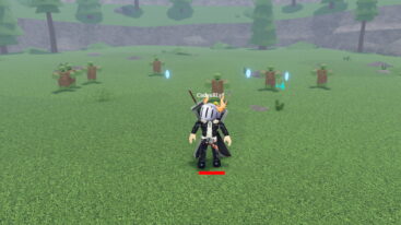 Roblox Final Swarm Avatar Wearing Silver Helmet Black Clothes Two Giant Swords On Back Looking Around As Zombies Come From Behind With Blue Crystals
