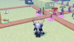 Roblox Fishing Tower Defense Avatar Wearing Silver Helmet Black Clothes Two Giant Swords On Back Standing Before Pink Path As Blue Fish Fire Red Laser Beams From Eyes Against Fisherman Npcs