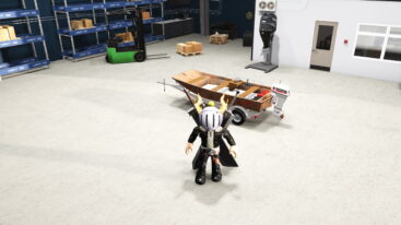 Roblox Flip A Boat Avatar Wearing Silver Helmet Black Clothes Two Giant Swords On Back Standing Before A Wooden Boat In Garage With Gren Forklift