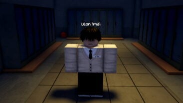 Roblox Gakuran Black Messy Haired Avatar In White Cardigan Black Trousers Uniform Standing Near Lockers