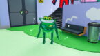 Roblox Garten Of Banban Rp X A Metallic Green Creepy Frog With Massive Smile Stands Near Cushioned Bench And Trash Bin